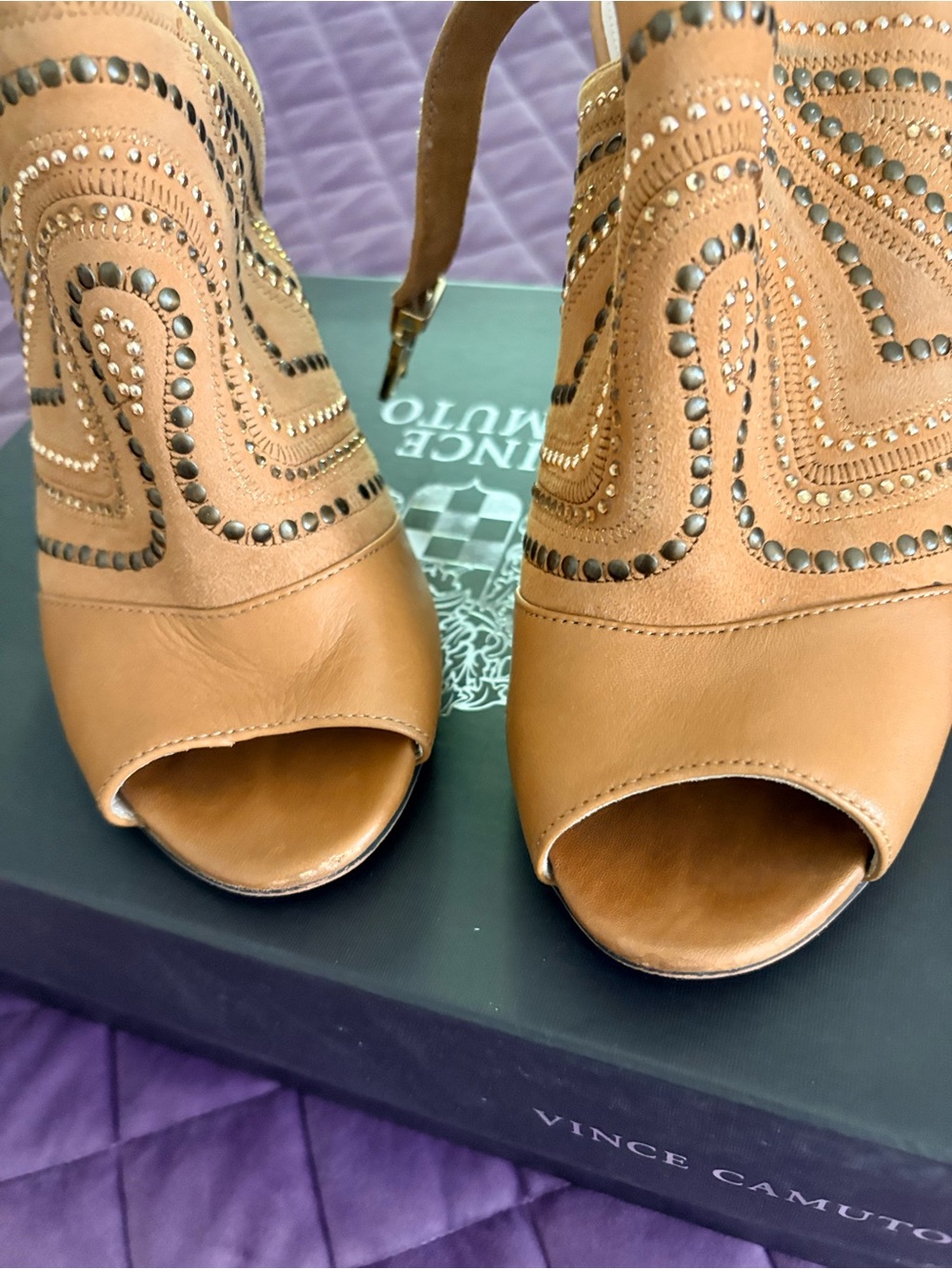 Vince Camuto Cognac Suede/Leather Studded Peep-Toe Heeled Sandals